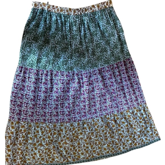 Floral Peasant Tiered Flare Skirt OS Drawstring Waist Floral Pattern Cotton - Picture 2 of 6